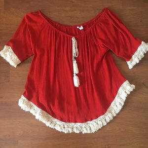 Off-the-shoulder Burnt Orange Top with Fringe